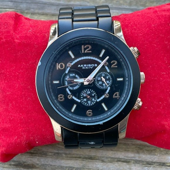 Akribos XXIV Ladies Wrist Watch Black/Gold Tone Analog Multi Function Watch - Picture 7 of 11